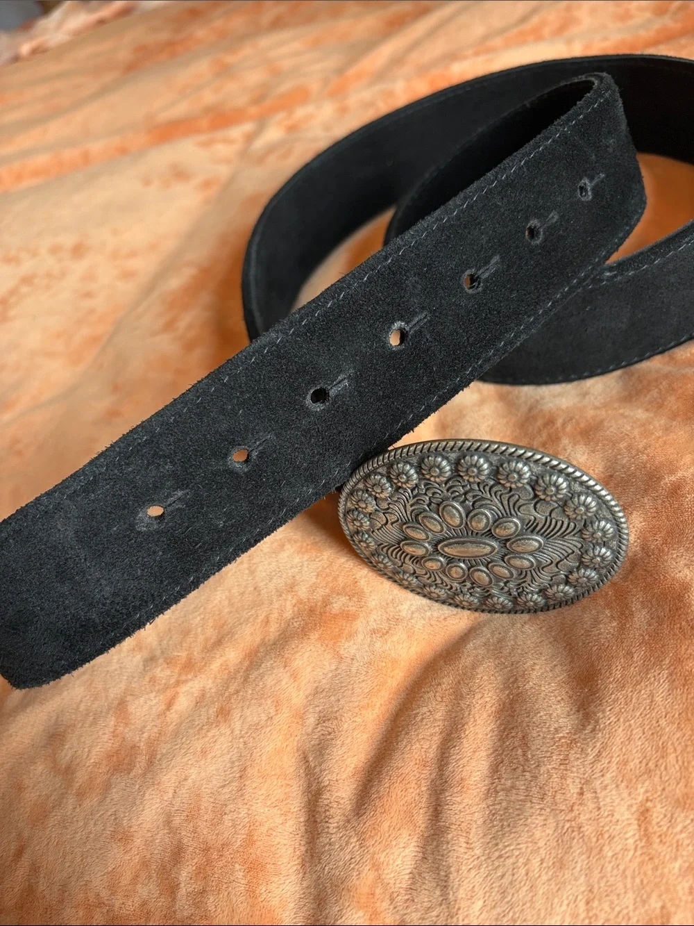 Silver Floral Western Buckle on Black Suede Belt